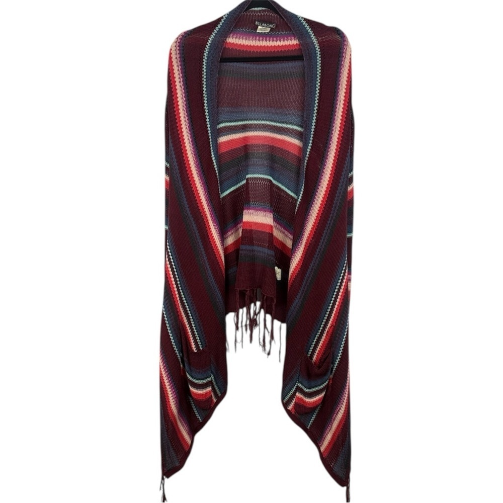 Billabong Boho Striped Open Front Fringe High-Low Hem Cardigan Sweater - Size M